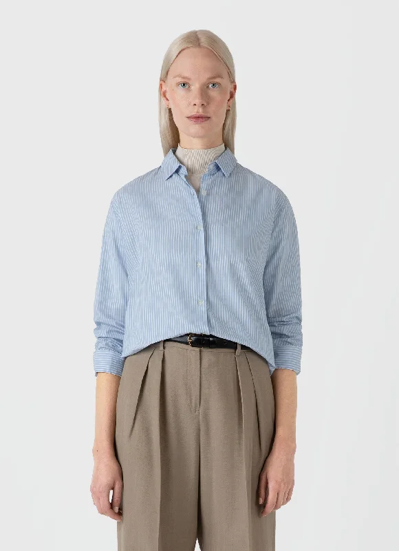 Women's Blouse with Collarless DesignWomen's Cotton Shirt in Light Blue/White