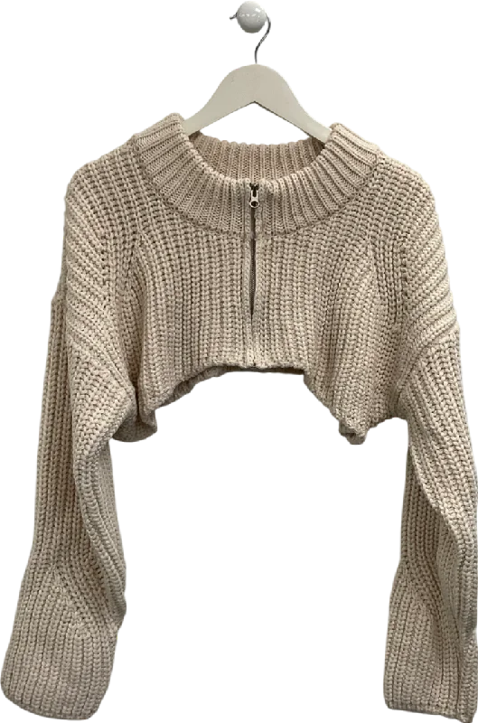 Women's Wide Collar SweatersMinimuze Cream Cropped Zip Front Chunky Sweater UK S