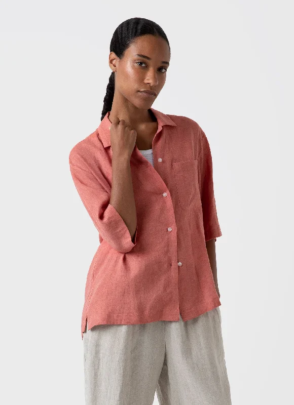 Women's Blouse with Square CollarWomen's Short Sleeve Linen Shirt in Burnt Sienna