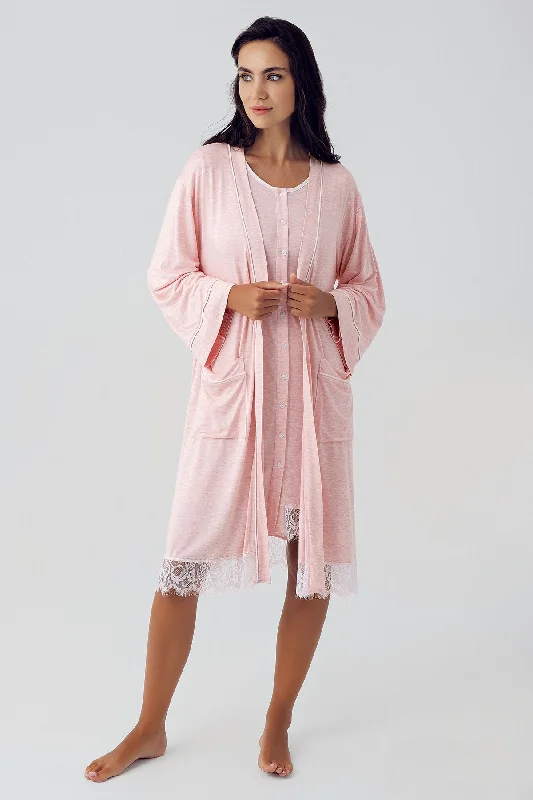 women's pajamas for those who appreciate soft, breathable fabricsShopymommy 15403 Melange Lace Maternity & Nursing Nightgown With Robe Powder