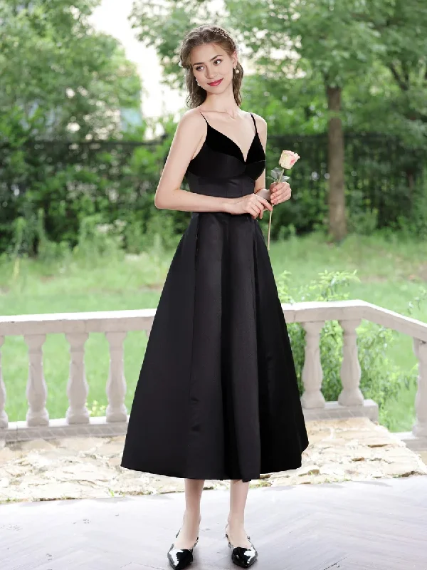 Women's Mini DressesHepburn style Simple V Neck Satin Spaghetti Strap Length Prom Dress Formal Temperament Party dress