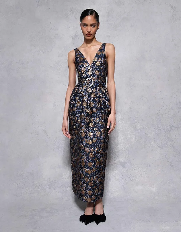 Women's Pleated DressesJules Floral Jacquard Midi Dress - Navy/Gold