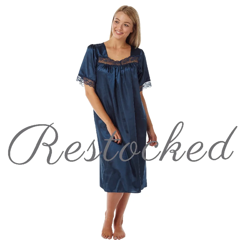 women's pajamas for those who cherish their bedtime routinesNavy Blue Sexy Satin Lace Short Sleeve Nightdress Nightie Negligee PLUS SIZE