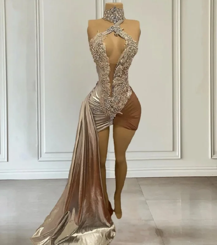 Women's Collarless DressesLuxury Short Prom Dress For Women High Neck Diamond Dresses For Your Birthday Beading Party Gowns Vestidos De Graduación