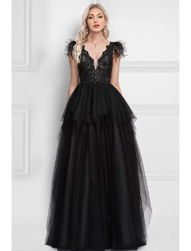 Women's Keyhole-Neck DressesA-Line Prom Dresses Black Dress Wedding Party Floor Length Sleeveless V Neck Tulle with Feather Appliques