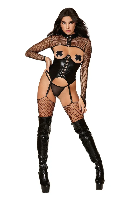 women's pajamas with snap buttonsFaux-leather open-cup bustier and mesh G-string set