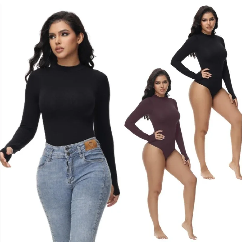 high-slit skirt shaper with invisible legsSoo slick Seamless Shapewear Bodysuit for Women -  Mock Neck Long Sleeve Thong Bodysuit Tops Womenswear Underwear Lady Comfort Longsleeves Basic Crewneck Minimalist