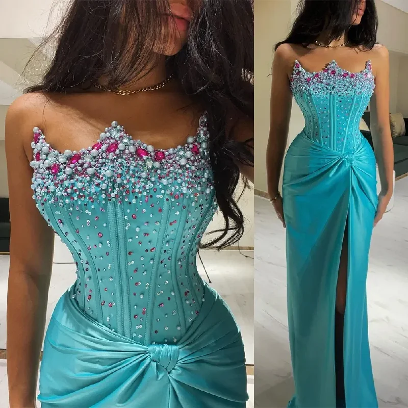 Women's Sweetheart-Back DressesLuxury Crystal Mermaid Evening Dresses Sparkle Satin Crown Beaded Formal Party Prom Dresses Occasion vestidos de noche