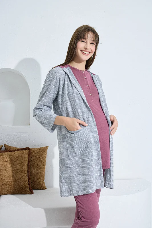 women's pajamas with a subtle shimmerShopymommy 3375 Hooded Melange 3-Pieces Maternity & Nursing Pajamas With Robe Cherry