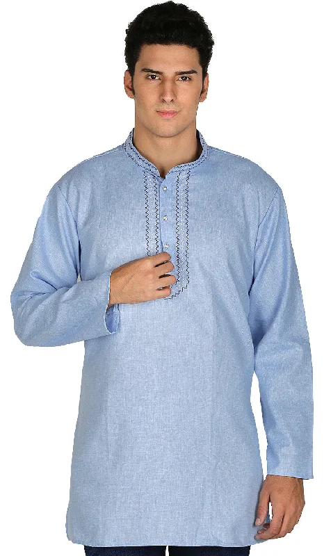 Women's Cool ShortsEmbroidered Cotton Dress Mens Short Kurta Shirt India Clothing (Sky Blue)