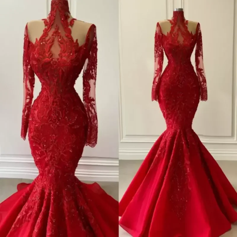 Women's High-Low DressesRed Mermaid Evening Dresses Plus Size Long Sleeves Sequins Lace Applique Prom Party Gown vestido Formal Occasion Wear