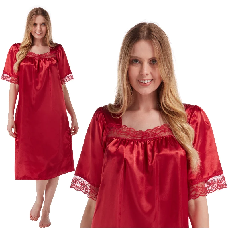 women's pajamas featuring floral embroideryRed Sexy Shiny Silky Satin Lace Short Sleeve Nightdress Nightie Negligee