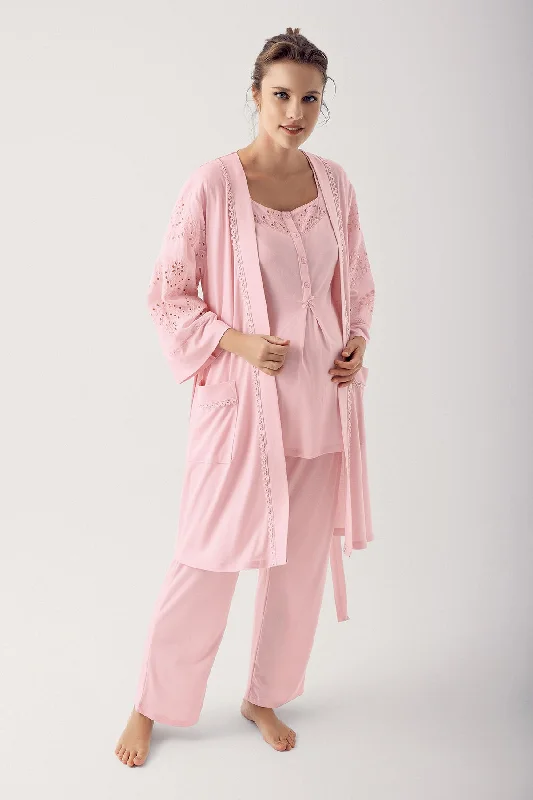 women's pajamas with a snug fitShopymommy 12305 Motif Embroidered 3-Pieces Maternity & Nursing Pajamas With Robe Powder