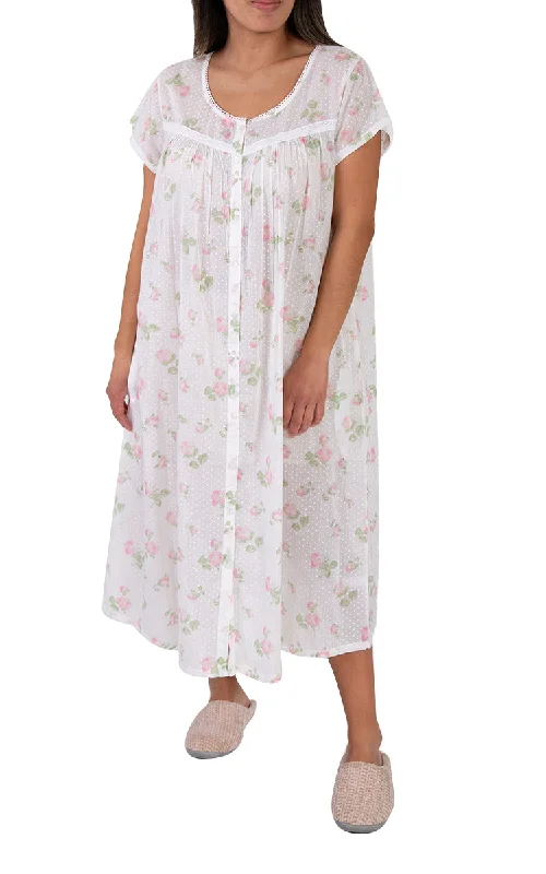 women's pajamas for those who seek cozy, all-night comfortFrench Country 100% Cotton Brunchcoat with Cap Sleeve in White and Pink Floral FCW133