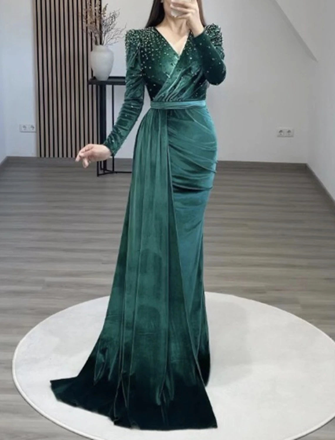 Women's Boat Collar DressesMermaid Party Dress Evening Gown Maxi Dress Formal Black Tie Gala Floor Length Long Sleeve V Neck Fall Wedding Guest Velvet with Ruched Pearls