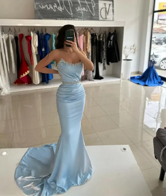 Women's High Collar DressesSky Blue Mermaid Evening Dresses Beading Crystal Prom Gowns Elegant Satin Formal Party Dresses 2024