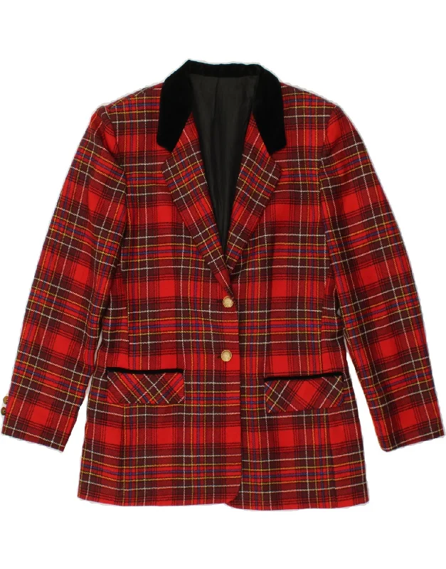 Women's Wool CoatsVINTAGE Womens 2 Button Blazer Jacket IT 46 Large Red Check Virgin Wool