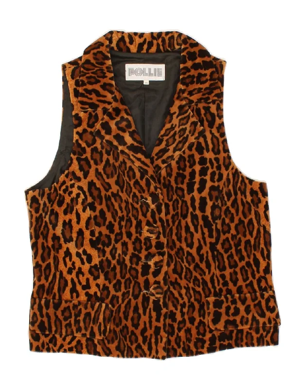 Stylish Women's CoatsFOLLIE Womens Velvet Gilet IT 46 Large Brown Animal Print Cotton