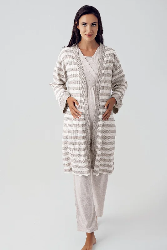 women's striped pajama setsShopymommy 15301 Double Breasted 3-Pieces Maternity & Nursing Pajamas With Knitwear Robe Beige