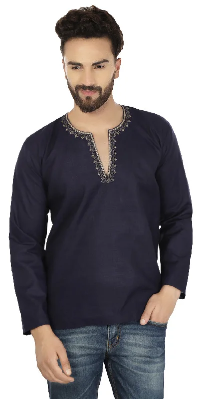 Women's Ribbed ShortsIndian Clothing Cotton Short Kurta for Men (Dark Blue)