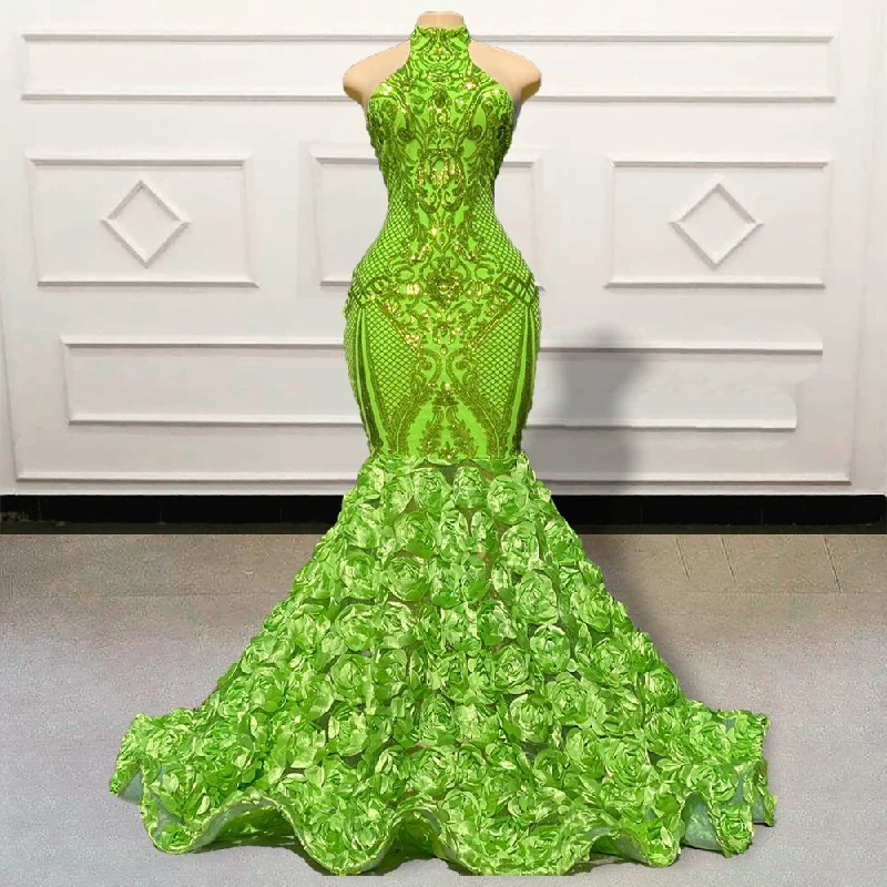 Women's Mandarin-Neck DressesLong Green Prom Dresses Sparkly Sequin 3D Flowers Train African Girls Women Mermaid Formal Evening Party Gowns Custom Made