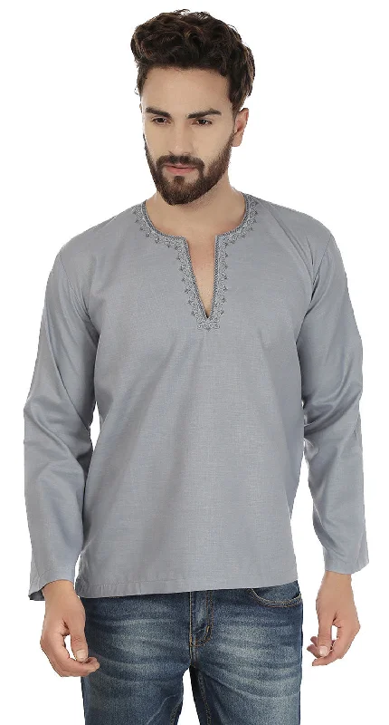 Women's Cotton ShortsCotton Dress Mens Short Kurta Shirt India Clothing (Grey)