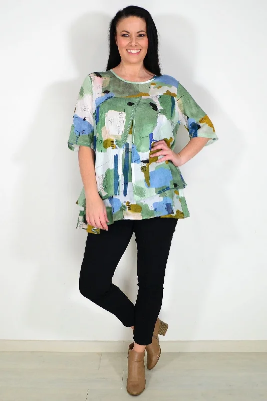 Women's Yoga ShortsGreen Layered Abstract Tunic Top