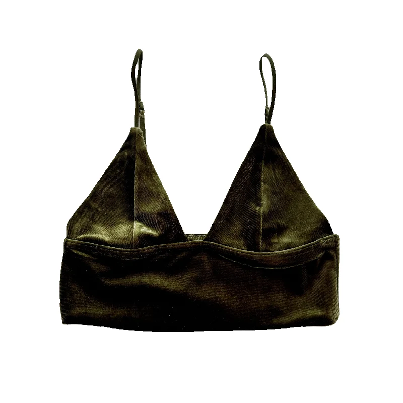 seamless molded bra for smooth undergarmentsOlive Velvet Longline Bralette