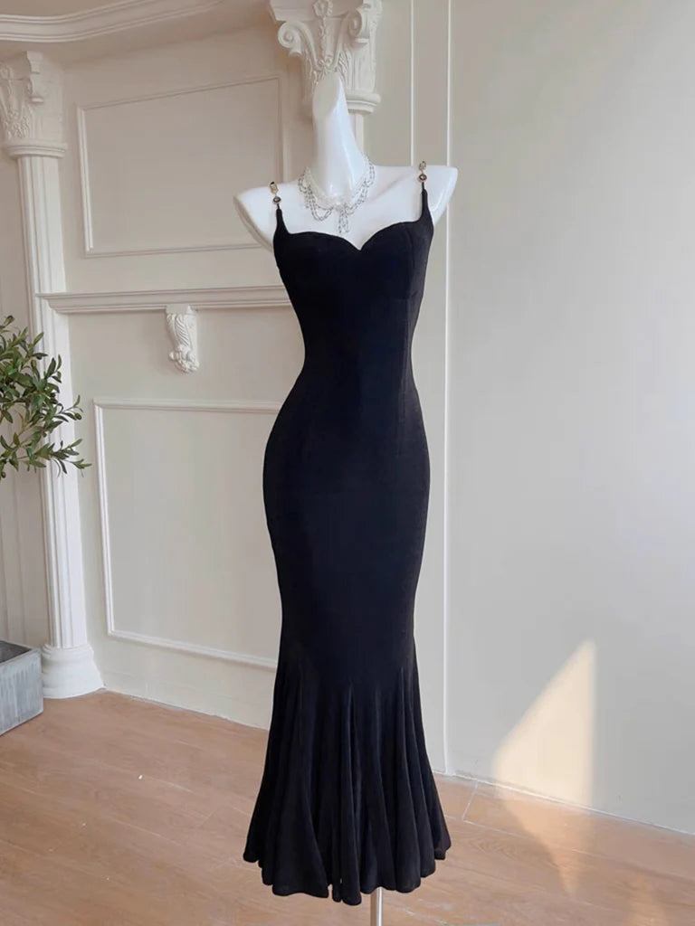 Women's Narrow Collar DressesMermaid Cultivate oneself Simple Black Long Party Dress Elegant Temperament Evening Dress