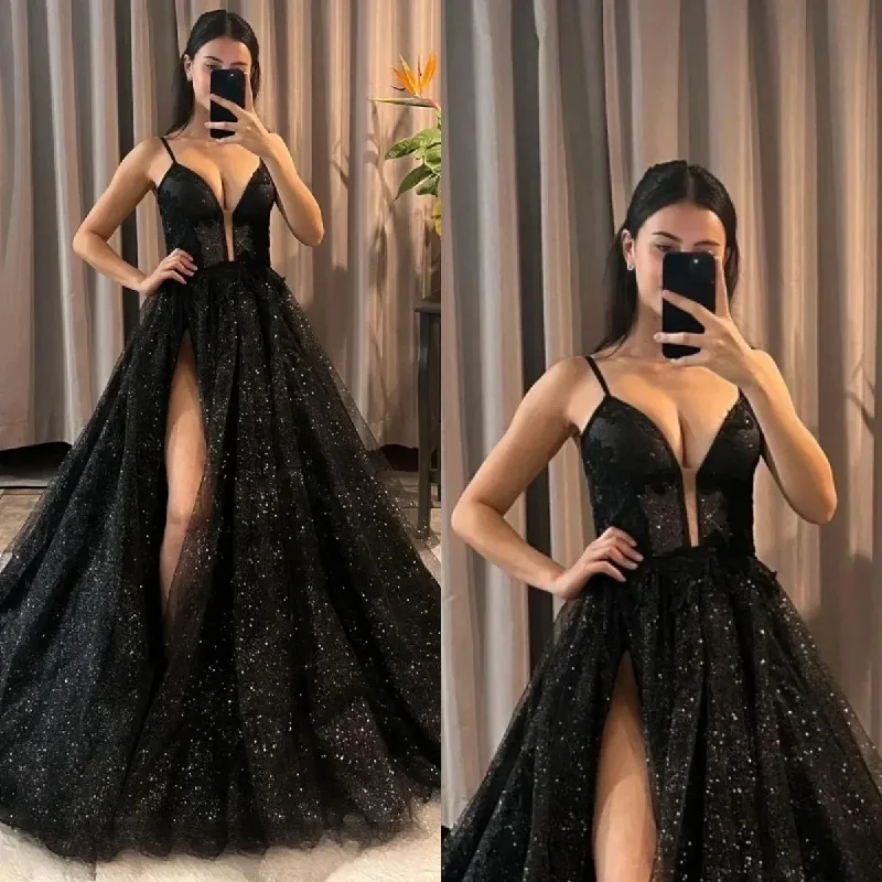 Women's Cap-Sleeve DressesSweetheart Black Prom Dresses Straps Appliques Glitter Party Evening Gowns Split Formal Red Carpet Long Special Occasion Dress