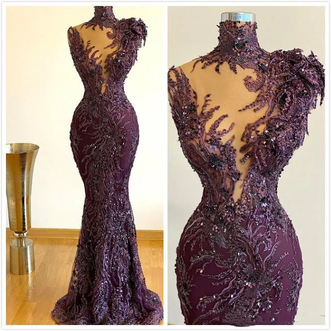 Women's Rounded-Neck DressesLuxurious Arabic Style Mermaid Prom Party Dresses Grape Full Lace Beaded Plus Size Formal Evening Occasion Gowns Robe De So