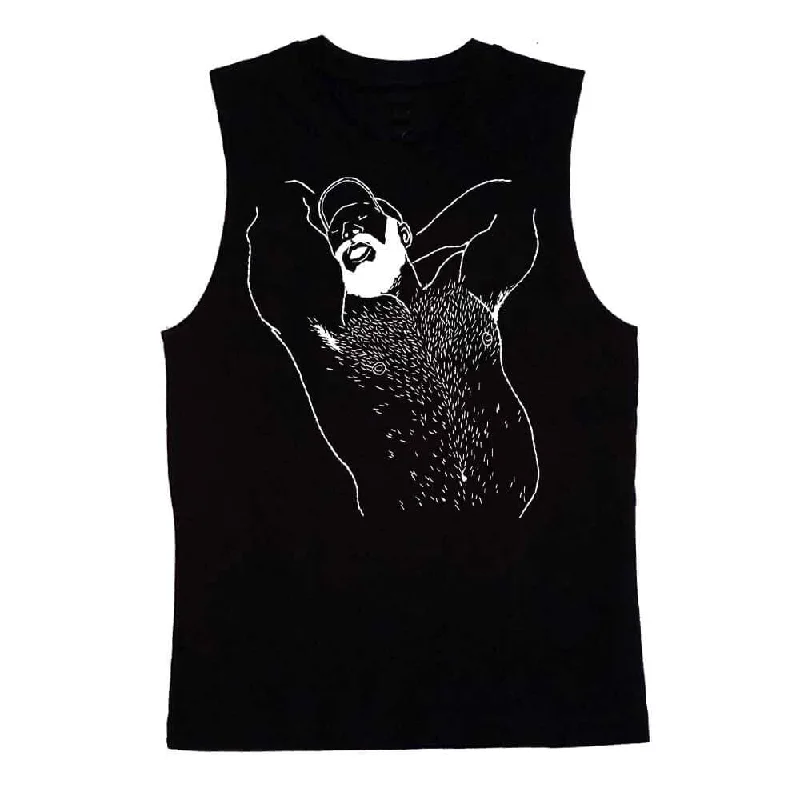 Women's Blouse with Rounded CollarKinky Needles Arms Up Bearded Bear White Print Sleeveless T-Shirt