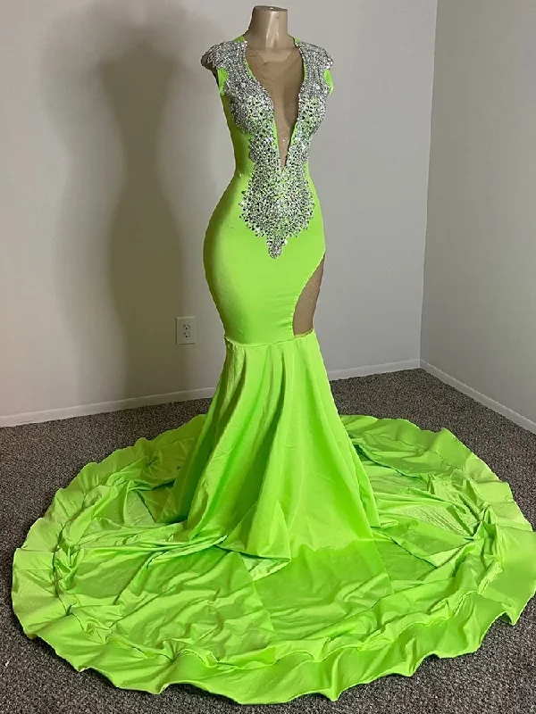 Women's Low Collar DressesLong Sheer Green Mermaid Prom Dresses with Crystals vestidos para eventos especiales Party Formal Occasion Dresses