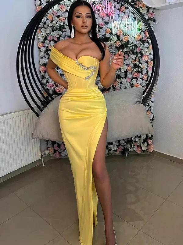  Women's A-Line DressesOne Shoulder Satin Night Evening Dress Formal Side Slit Cocktail Party Prom Gown Plus Size Yellow Mermaid Prom Dresses