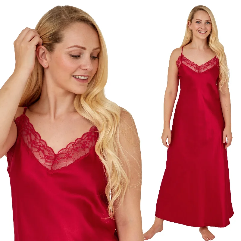 women's pajamas featuring animal printsLong Full Length Red Sexy Silky Satin Lace Nightdress Chemise Negligee PLUS SIZE