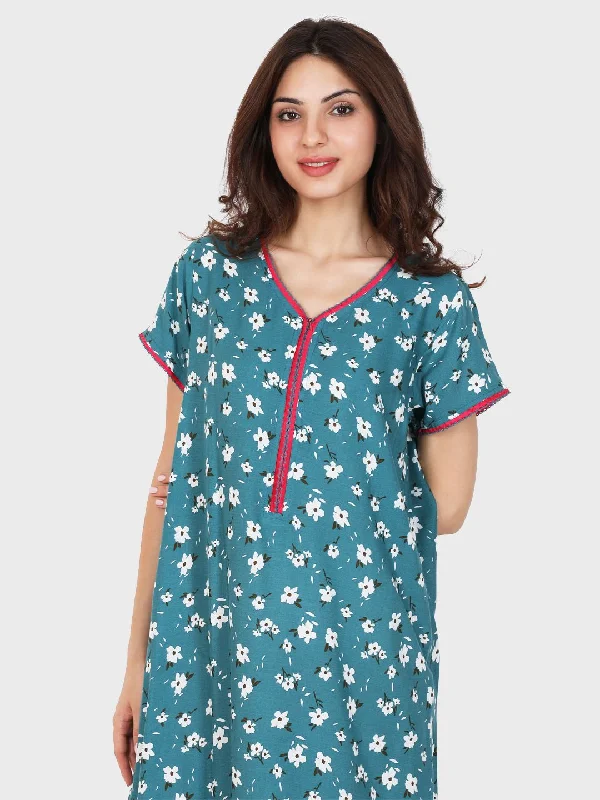 women's pajamas with pocketsEvolove Women's Rayon Printed Maxi Nighty Sleepwear Super Comfortable (Sea Blue)