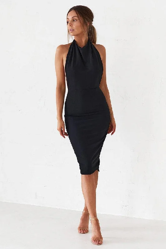 Women's Mandarin Collar DressesBackless Midi Dress - Black