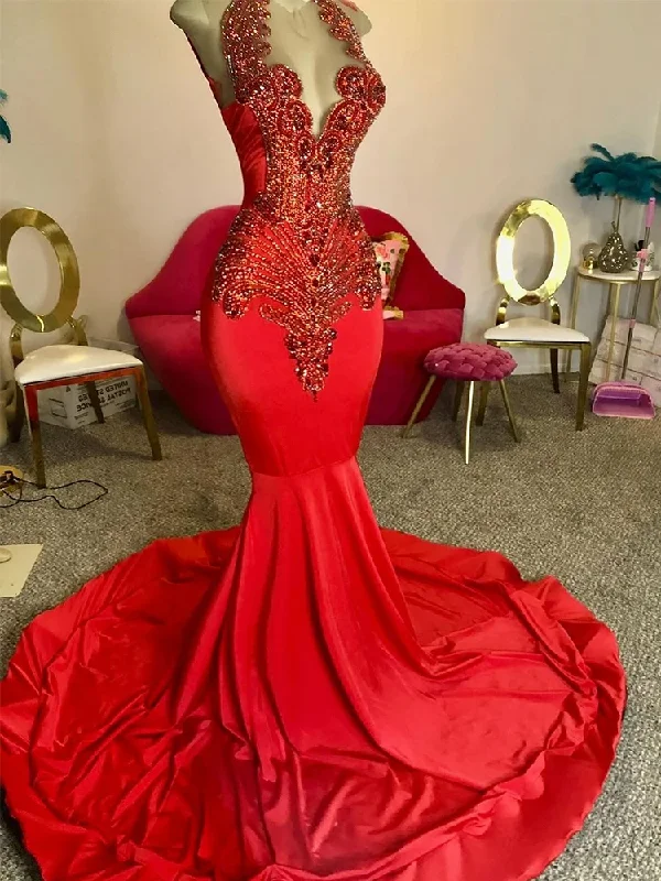 Women's Sweetheart Collar DressesLong Red Mermaid Prom Dresses for Black Girls Halter Vestidos De Gala Mujer Party Formal Occasion Dresses