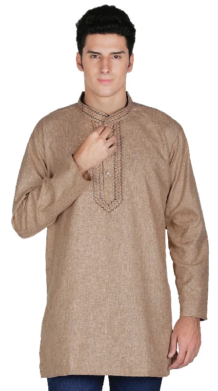 Women's Mesh ShortsCotton Mens Embroidered Short Kurta India Fashion Clothes (Brown)