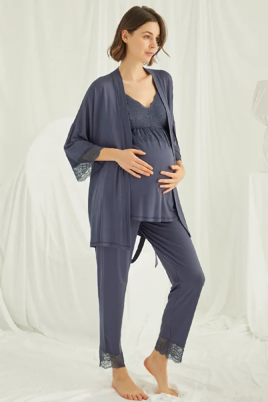 women's pajamas with an elasticized cuffsShopymommy 18432 Lace Strappy 3-Pieces Maternity & Nursing Pajamas With Robe