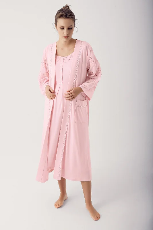 women's pajamas for travelShopymommy 14400 Motif Embroidered Maternity & Nursing Nightgown With Robe Powder