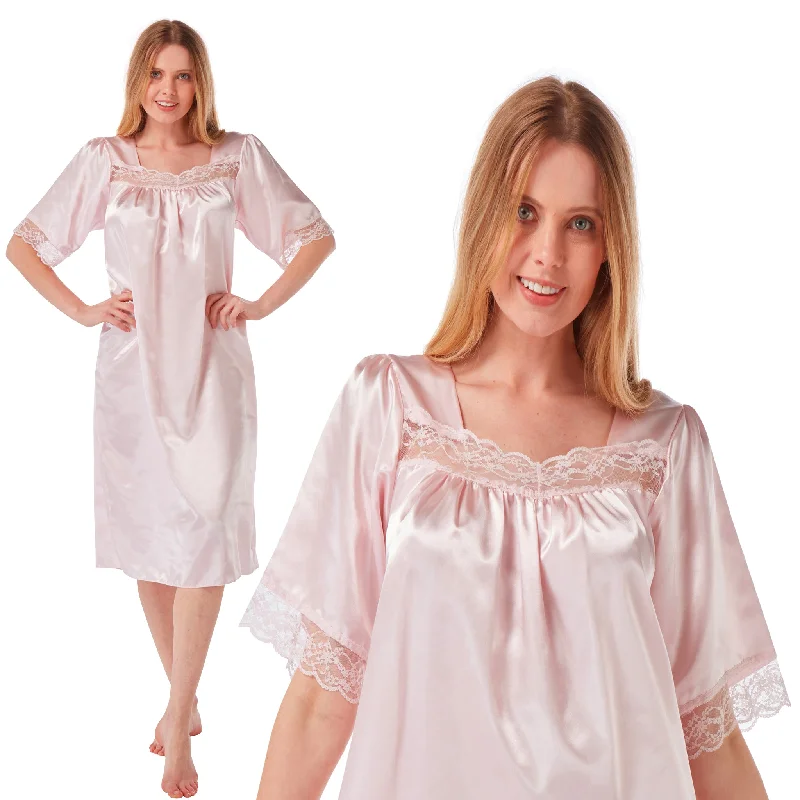 women's button-down pajama shirtsPastel Pink Sexy Shiny Silky Satin Lace Short Sleeve Nightdress Nightie Negligee