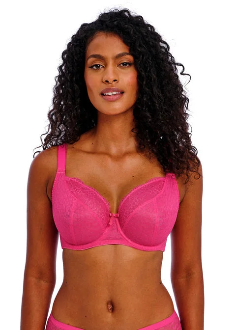 plus-size demi-cup bra with lace overlayFreya Fancies Hot Pink Uw Balcony Bra