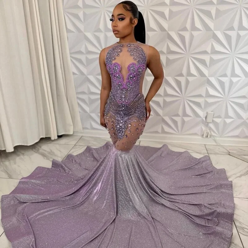 Women's Shawl Collar DressesLuxury Diamond Prom Dresses 2024 Sheer Neck Rhinestone Sequin Party Gowns Black Girls Mermaid Evening Dress Vestidos De Festa