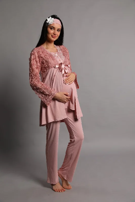 women's pajamas with a touch of whimsical funShopymommy 5206 Guipure 3-Pieces Maternity & Nursing Pajamas With Robe Dried Rose