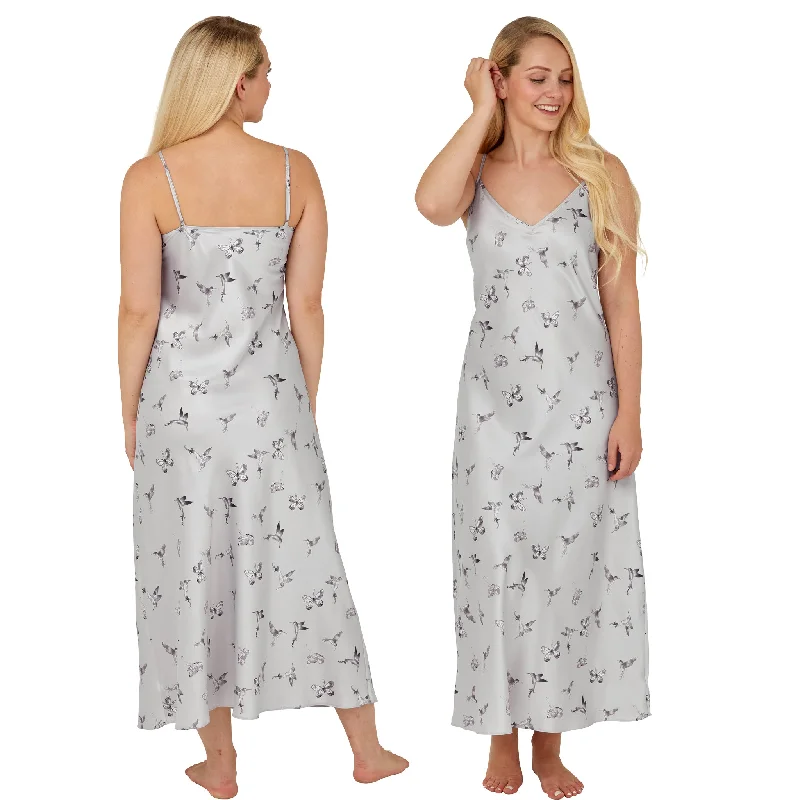 high-quality women's pajama setsLong Full Length Sexy Satin Grey Silver Floral Chemise Nightdress Negligee PLUS SIZE