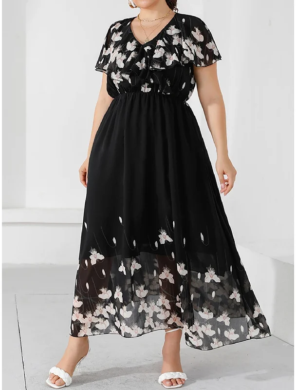 Women's U-Back DressesWomen's Plus Size Prom Dress Party Dress Wedding Guest Dress Long Dress Maxi Dress Black Short Sleeve Floral Print Summer Spring Fall V Neck Elegant Wedding Guest Birthday Evening Party