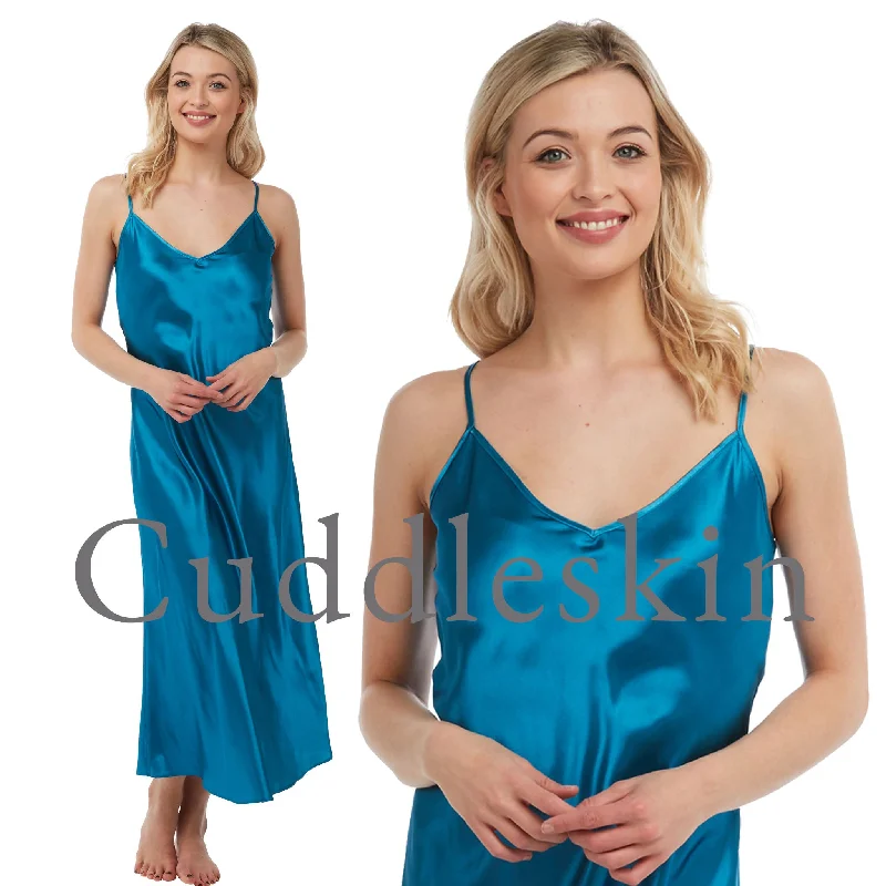 women's pajamas for movie nightsLong Full Length Plain Teal Blue Sexy Satin Chemise Nightdress Negligee PLUS SIZE