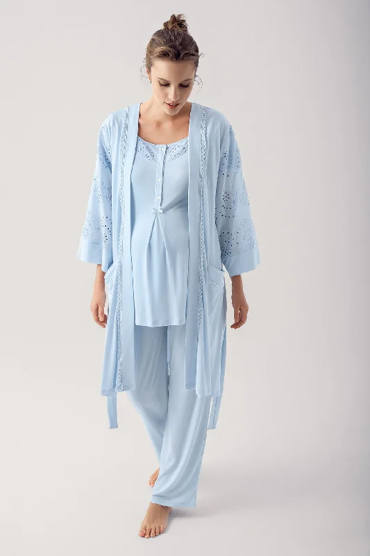 women's pajamas with a subtle shimmerShopymommy 12305 Motif Embroidered 3-Pieces Maternity & Nursing Pajamas With Robe Blue