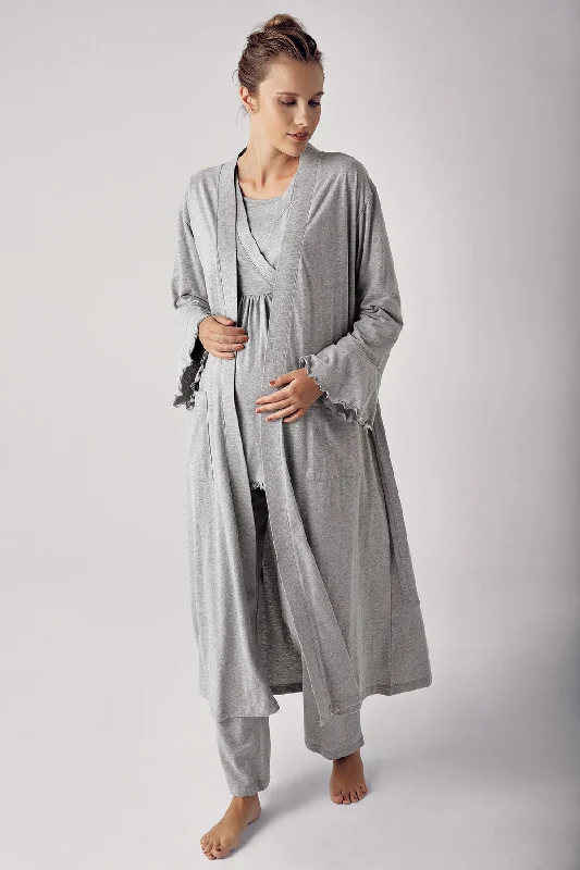 women's pajamas with adjustable waistbandsShopymommy 13300 Double Breasted 3-Pieces Maternity & Nursing Pajamas With Robe Grey